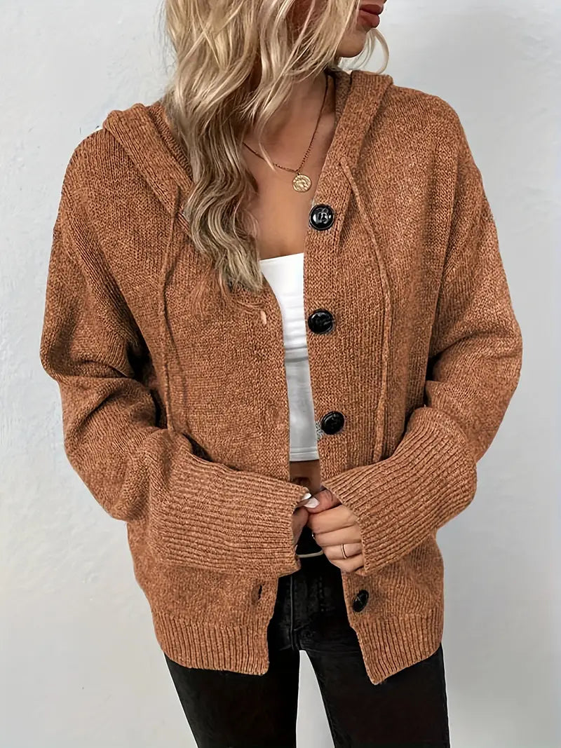 Suthida – Elegant Sweater with Long Sleeves, Hood, and Buttons