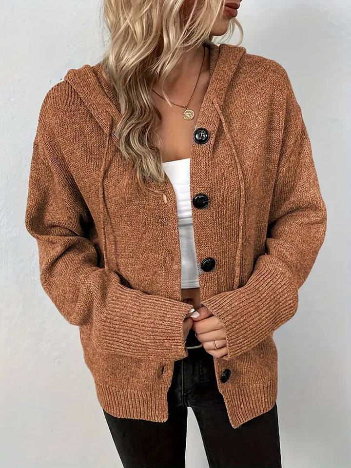 Suthida – Elegant Sweater with Long Sleeves, Hood, and Buttons