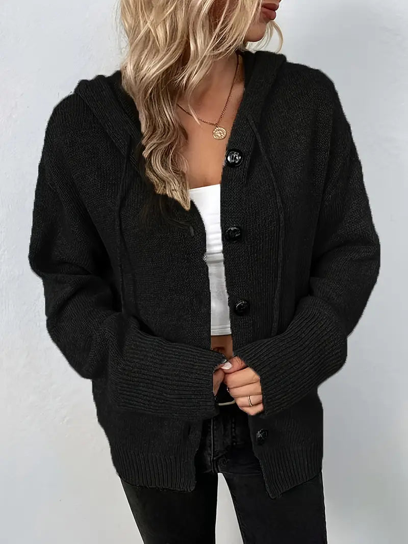 Suthida – Elegant Sweater with Long Sleeves, Hood, and Buttons
