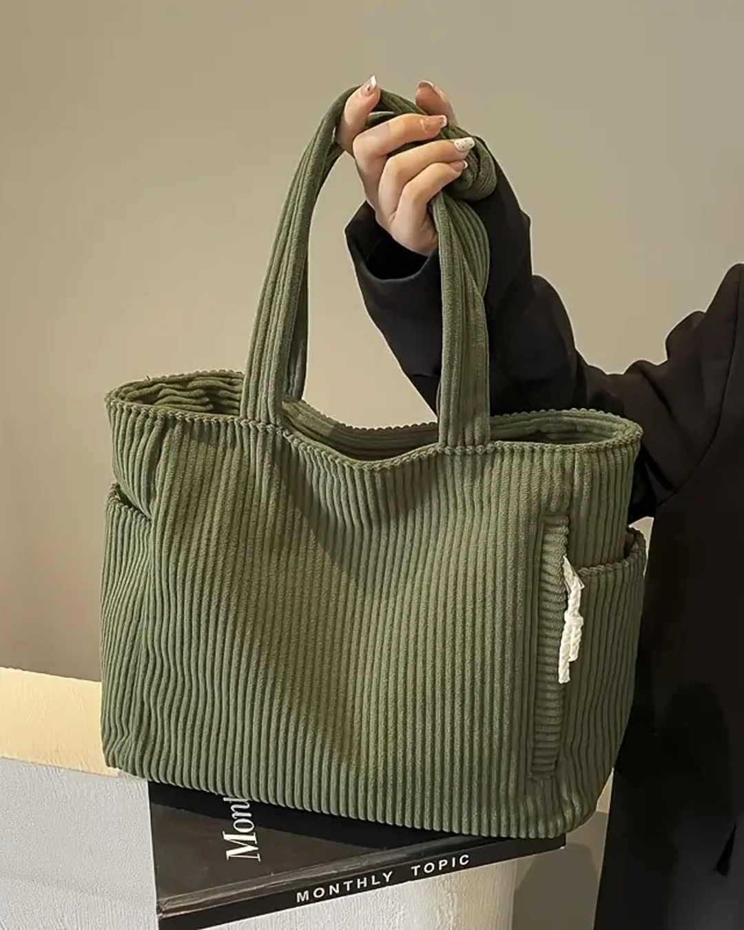 Tessie | Ribbed Tote Bag With Drawstring Detail