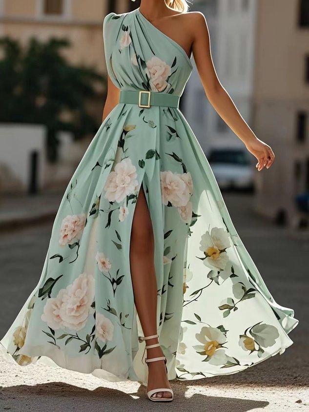Alice | Floral Ruched One-Shoulder A-Line Maxi Dress