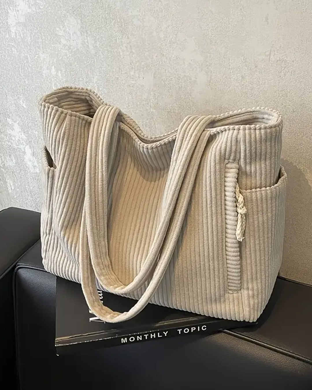 Tessie | Ribbed Tote Bag With Drawstring Detail