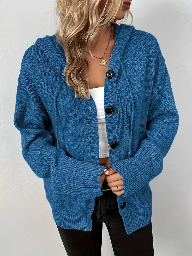 Suthida – Elegant Sweater with Long Sleeves, Hood, and Buttons