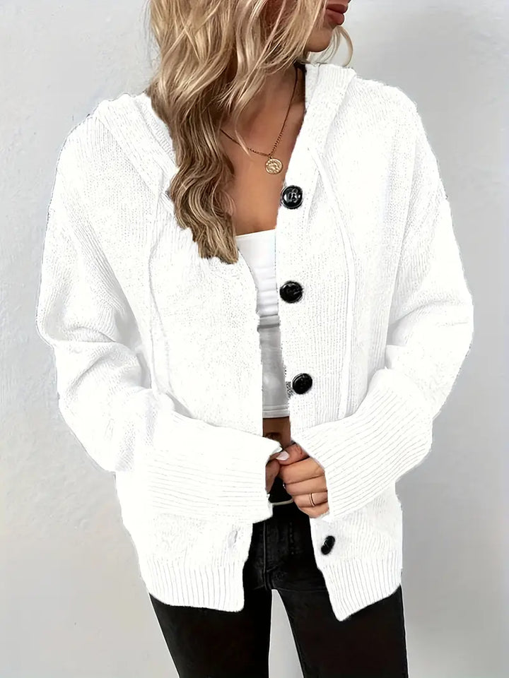 Suthida – Elegant Sweater with Long Sleeves, Hood, and Buttons