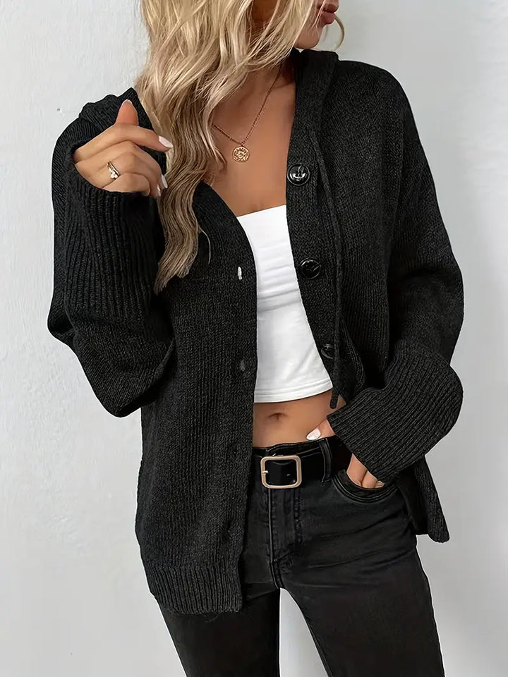 Suthida – Elegant Sweater with Long Sleeves, Hood, and Buttons