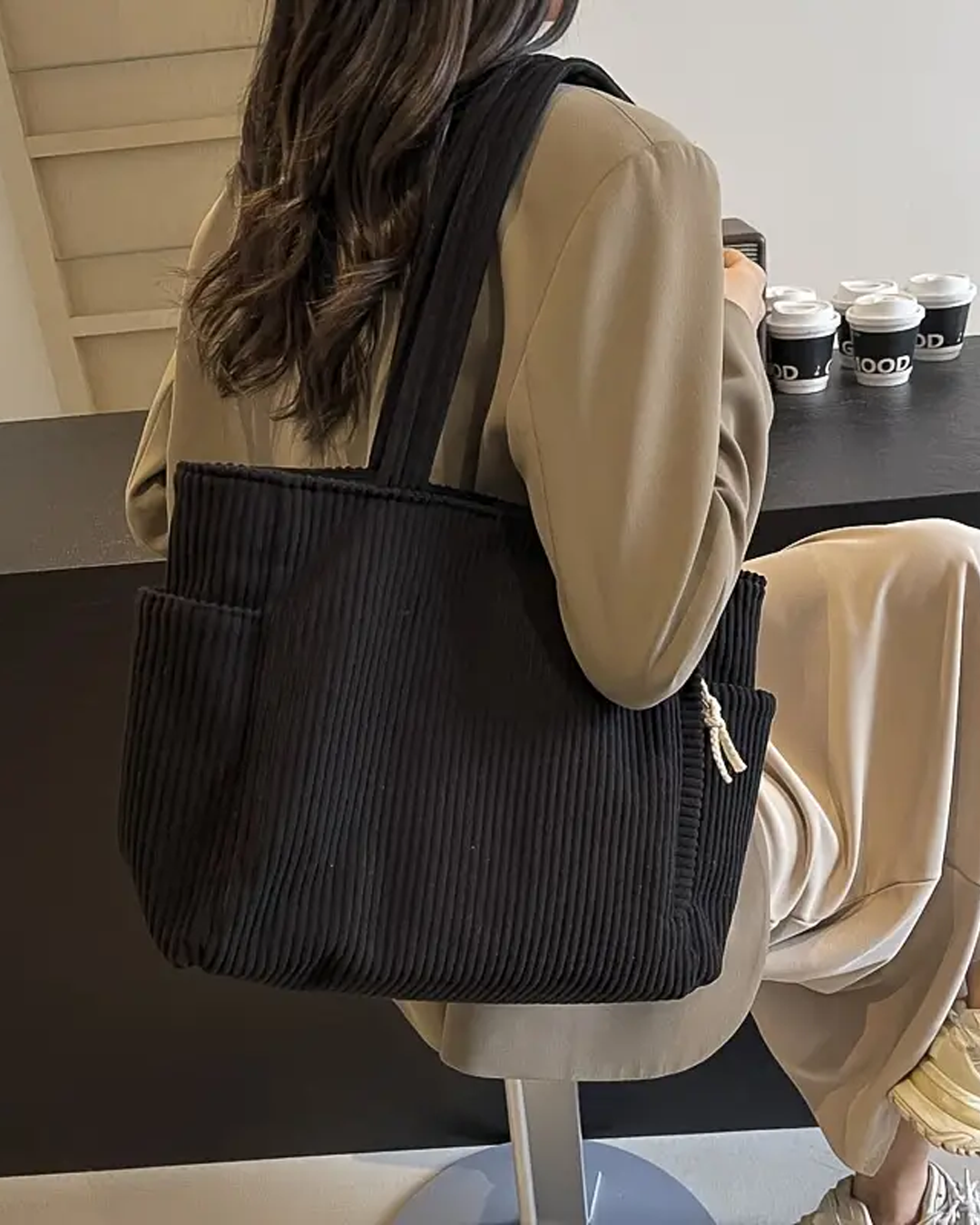 Tessie | Ribbed Tote Bag With Drawstring Detail