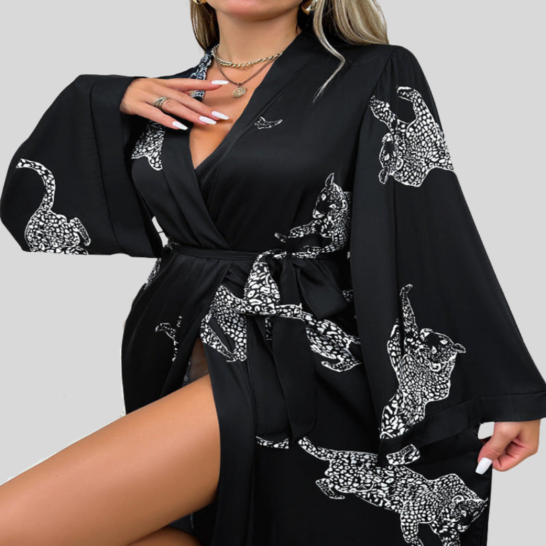Taylor | Satin Leopard Print Belted Kimono Robe