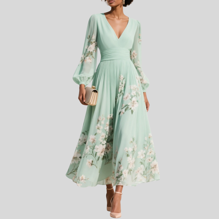 Andrea | Green V-Neck Chiffon Pleated Floral Midi Dress