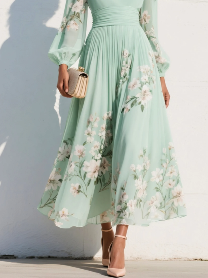 Andrea | Green V-Neck Chiffon Pleated Floral Midi Dress