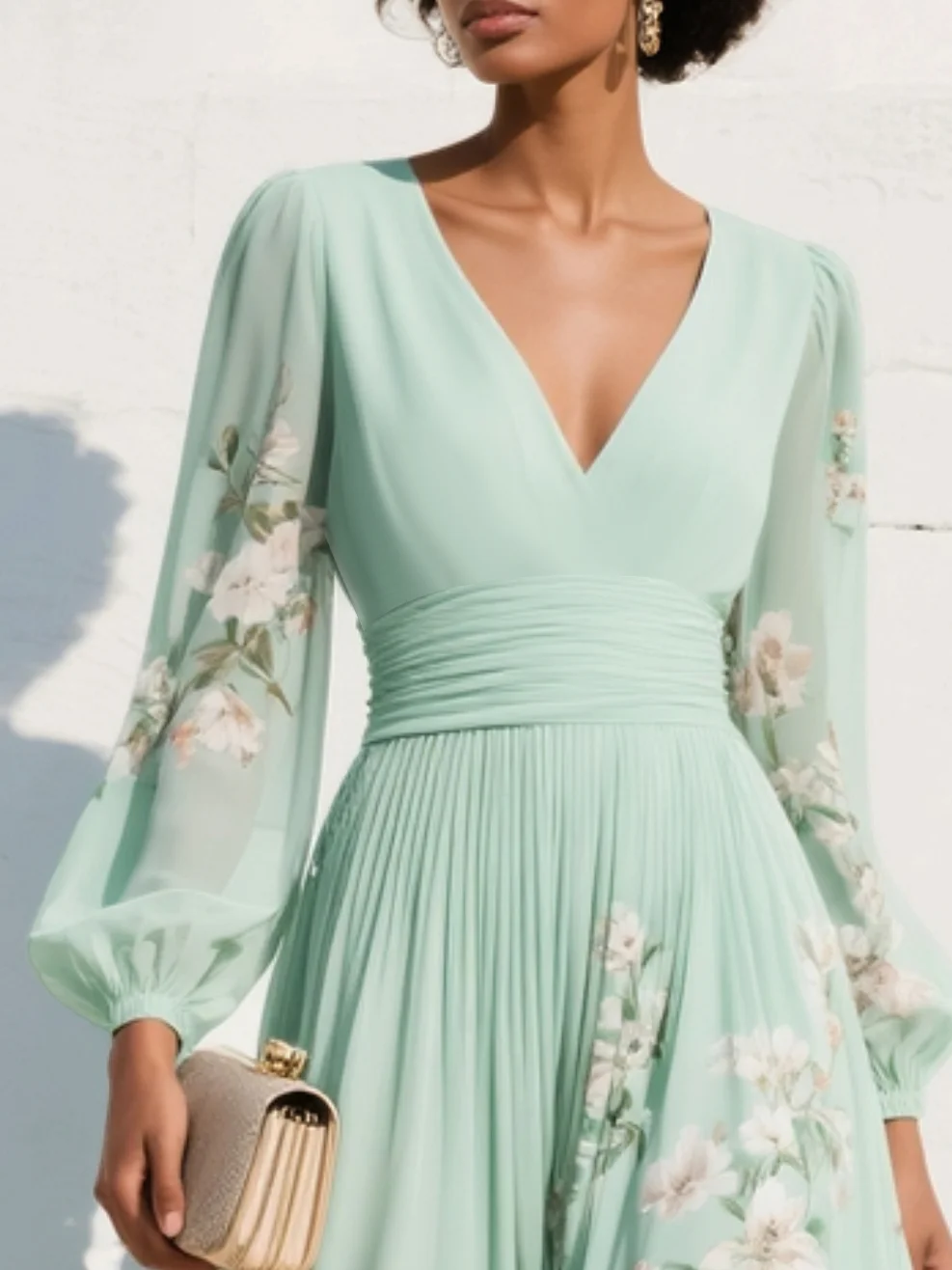 Andrea | Green V-Neck Chiffon Pleated Floral Midi Dress