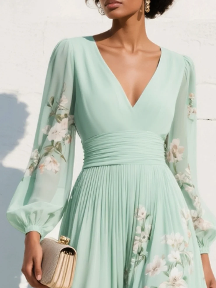 Andrea | Green V-Neck Chiffon Pleated Floral Midi Dress