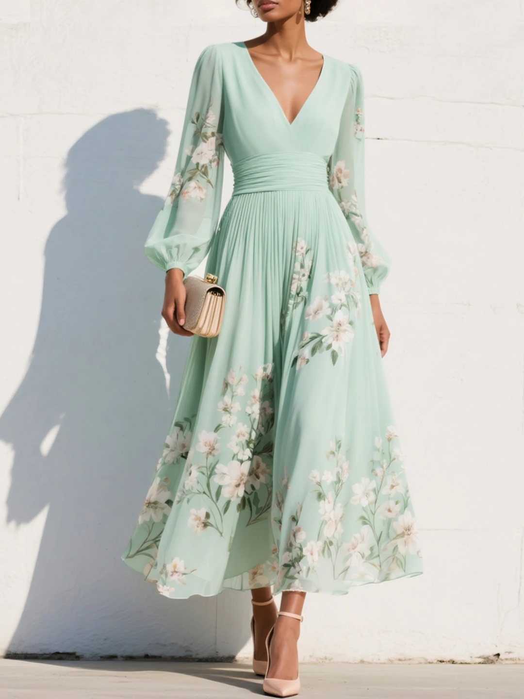 Andrea | Green V-Neck Chiffon Pleated Floral Midi Dress