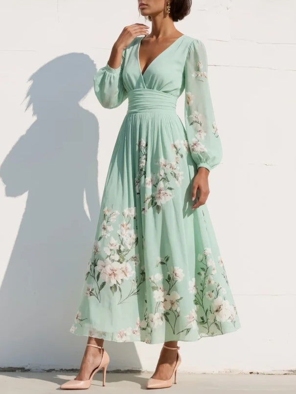 Andrea | Green V-Neck Chiffon Pleated Floral Midi Dress