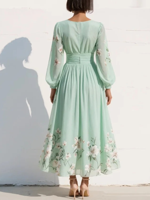 Andrea | Green V-Neck Chiffon Pleated Floral Midi Dress