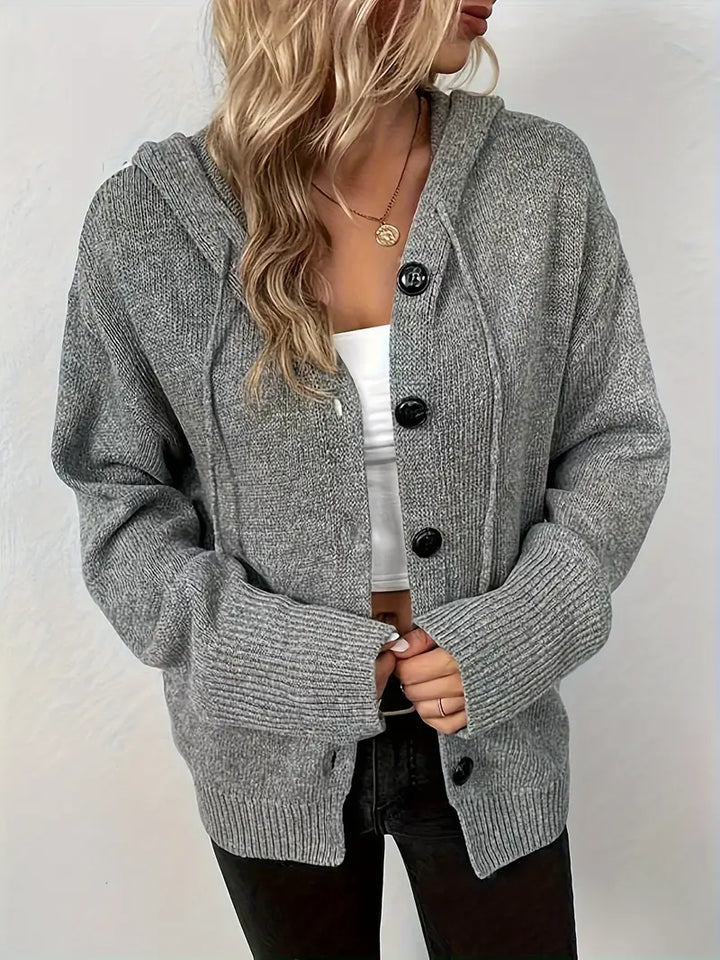 Suthida – Elegant Sweater with Long Sleeves, Hood, and Buttons