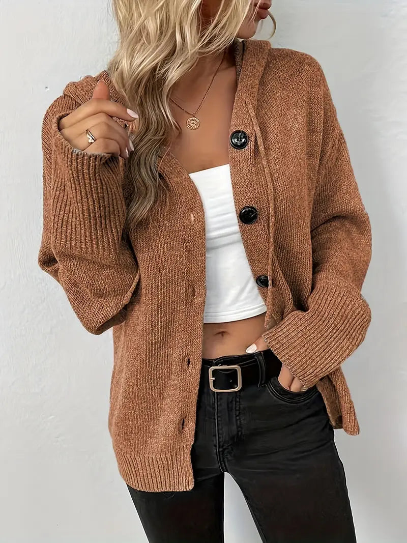 Suthida – Elegant Sweater with Long Sleeves, Hood, and Buttons