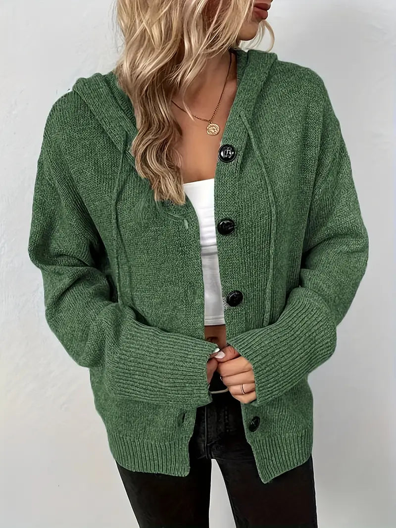 Suthida – Elegant Sweater with Long Sleeves, Hood, and Buttons